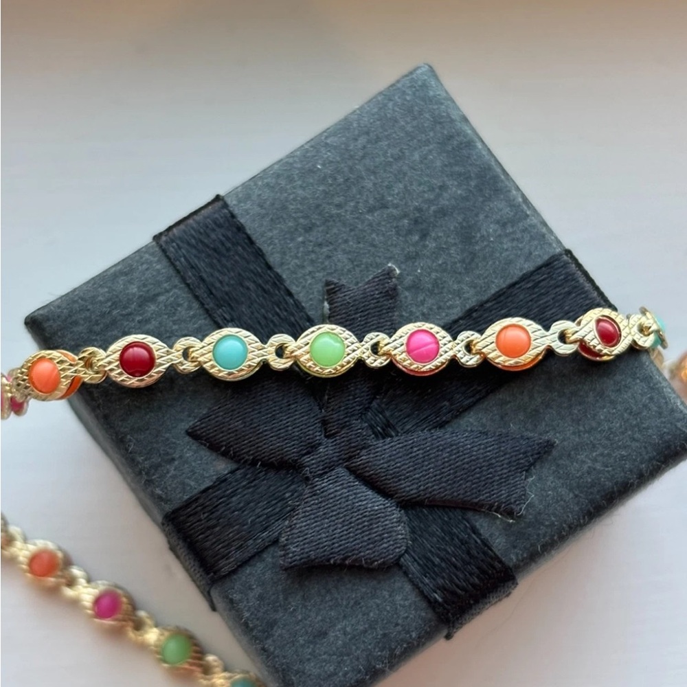 Gold Plated Rainbow Beaded Station Necklace Colorful Dainty Chain NWT - Picture 4 of 10